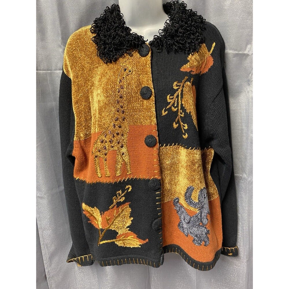 Vintage LISA International Safari Patchwork Novelty Sweater Cardigan Womens L